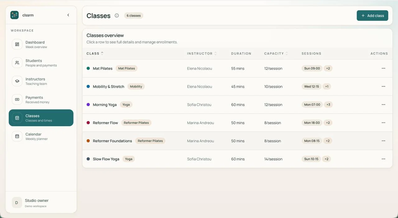 clssrm classes overview listing instructors, duration, capacity, and recurring sessions